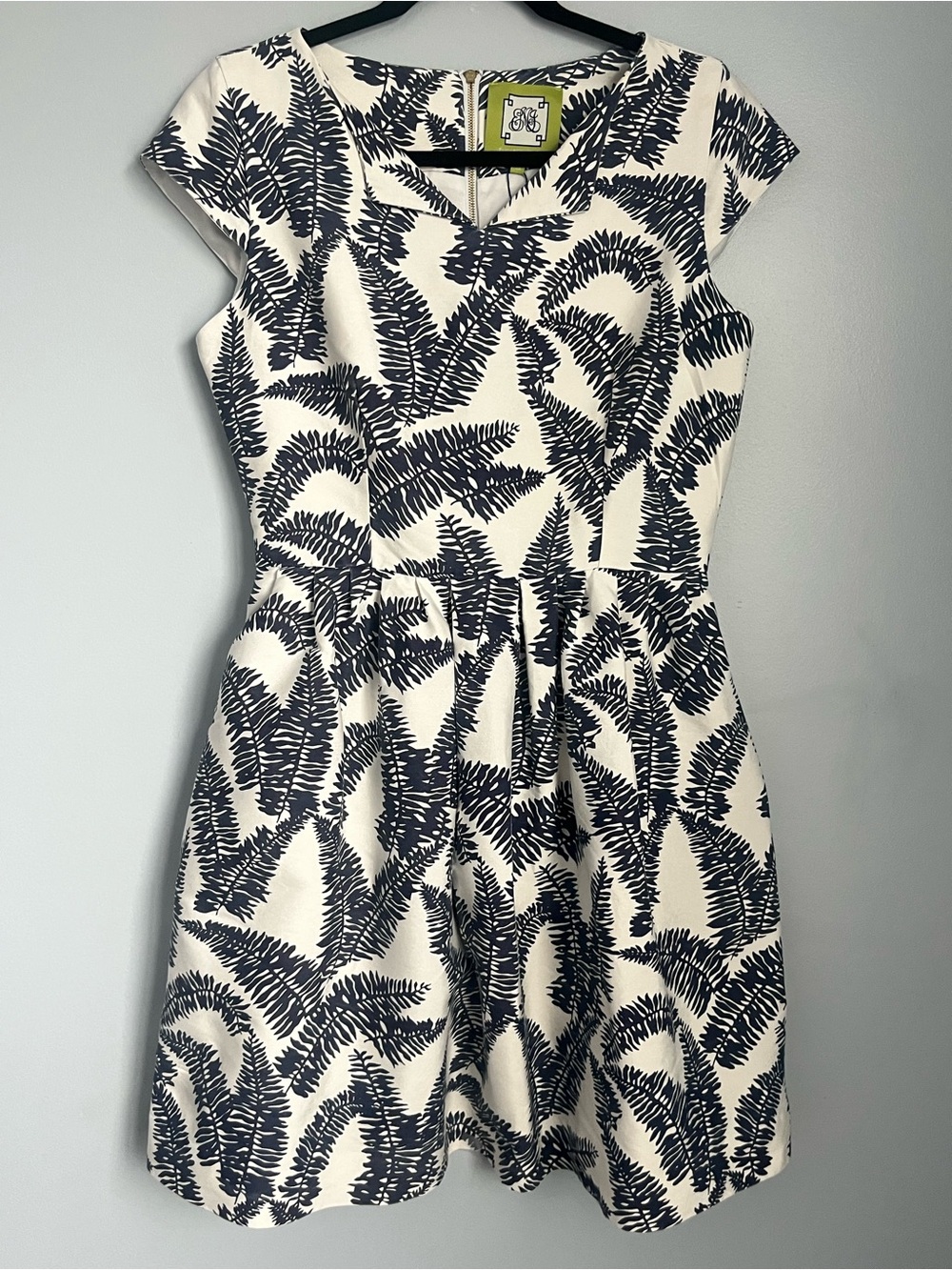 Elizabeth McKay Silk Lined Navy/White Leaf-Print Fit & Flare Coastal Dress SZ 6
